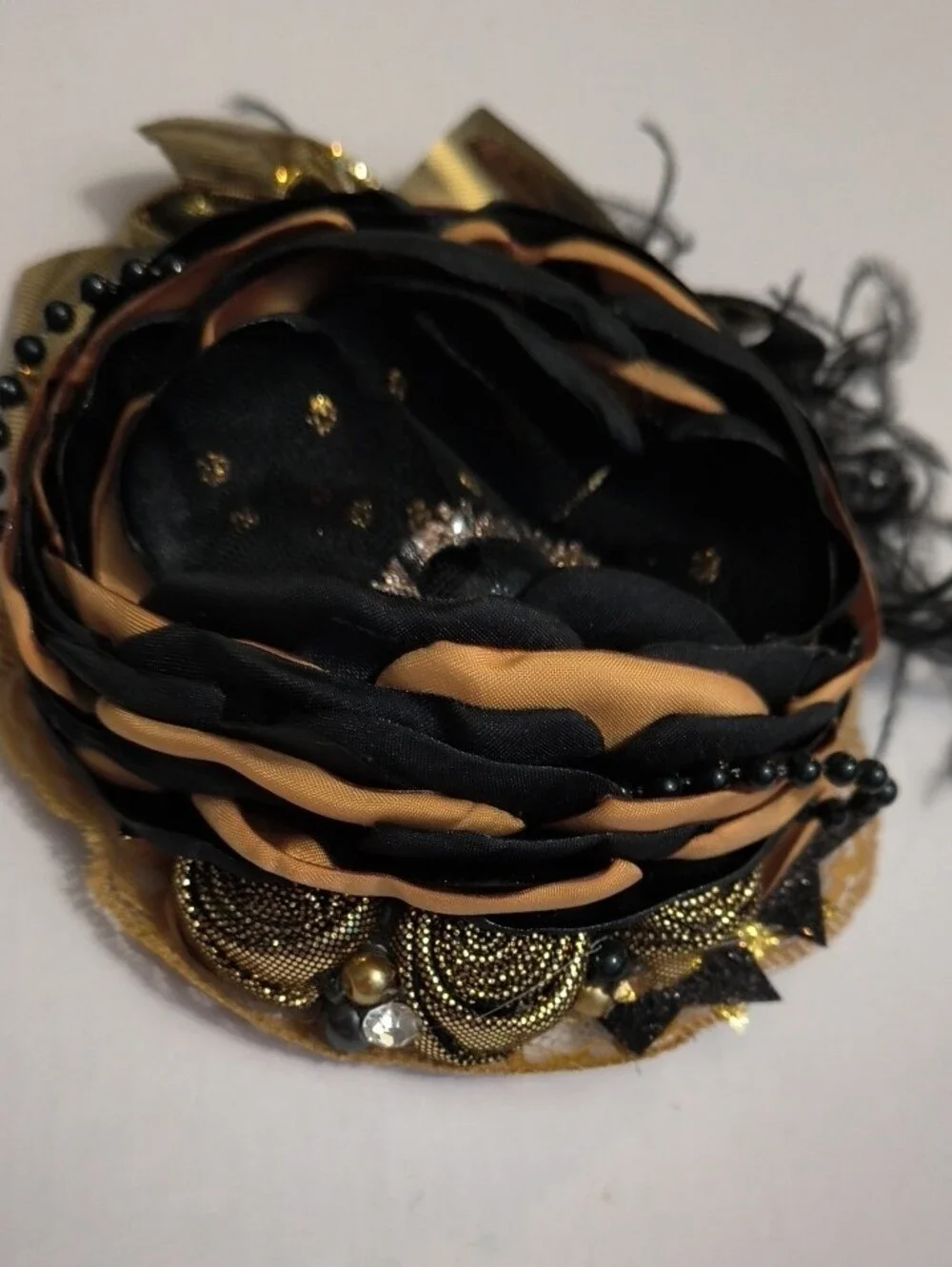 Black and Gold Floral Hair Clip with Rhinestone Accent